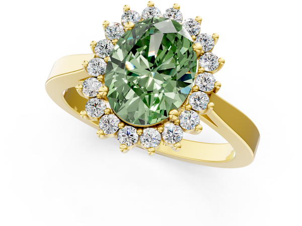 Yellow gold Fancy Green Oval  Cut Diamond Halo Ring with Round Brilliant Halo and Solitaire Band