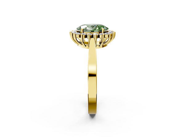 Yellow gold Fancy Green Oval  Cut Diamond Halo Ring with Round Brilliant Halo and Solitaire Band