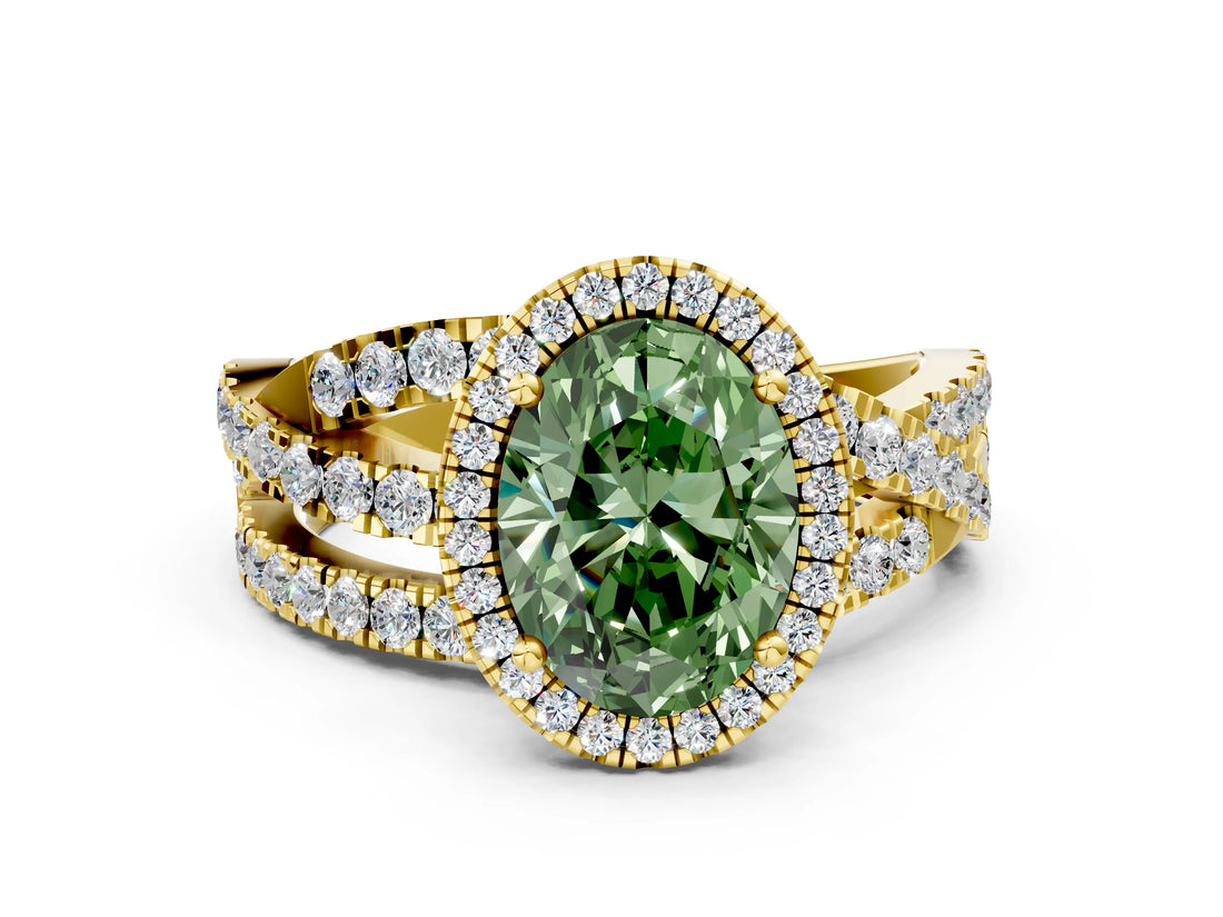 Yellow gold Fancy Green Oval Cut Diamond Halo Ring with Round Split Shank and Prong Setting_48