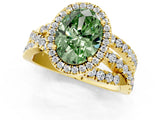 Yellow gold Fancy Green Oval Cut Diamond Halo Ring with Round Split Shank and Prong Setting_49