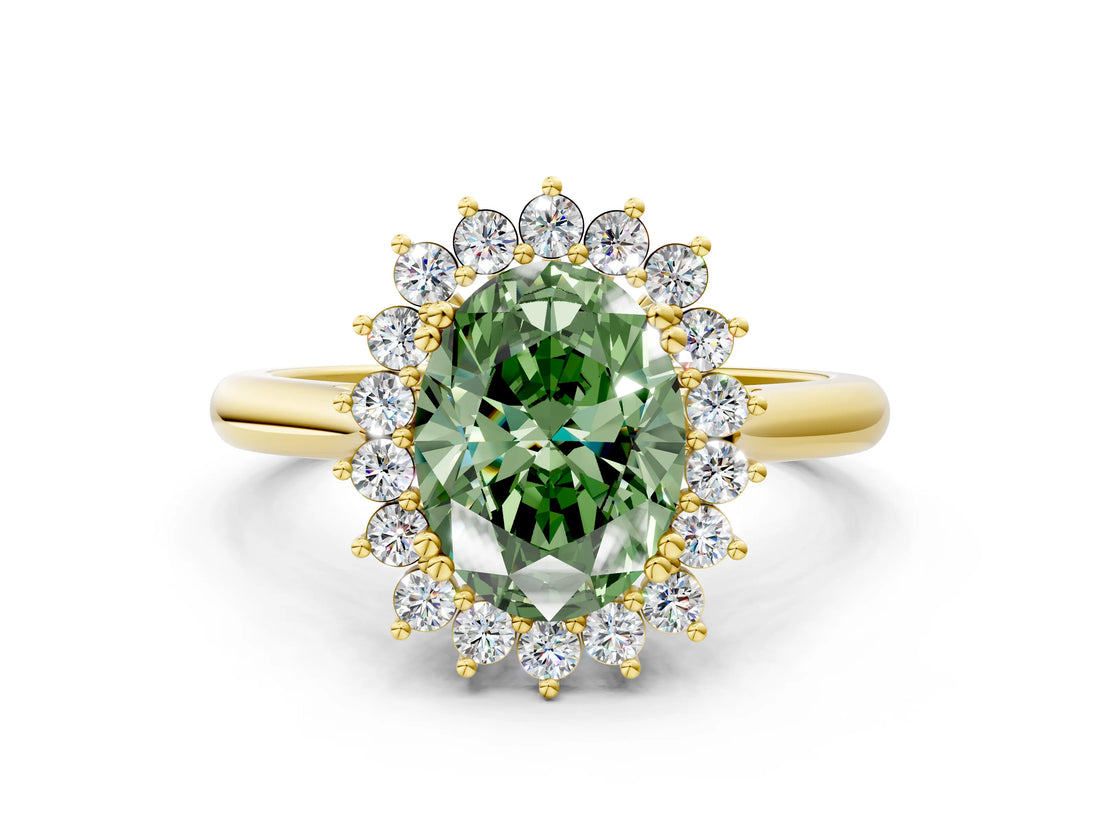 Yellow gold Fancy Green Oval  Cut Diamond Halo Ring with Solitaire Band and Prong Setting_53