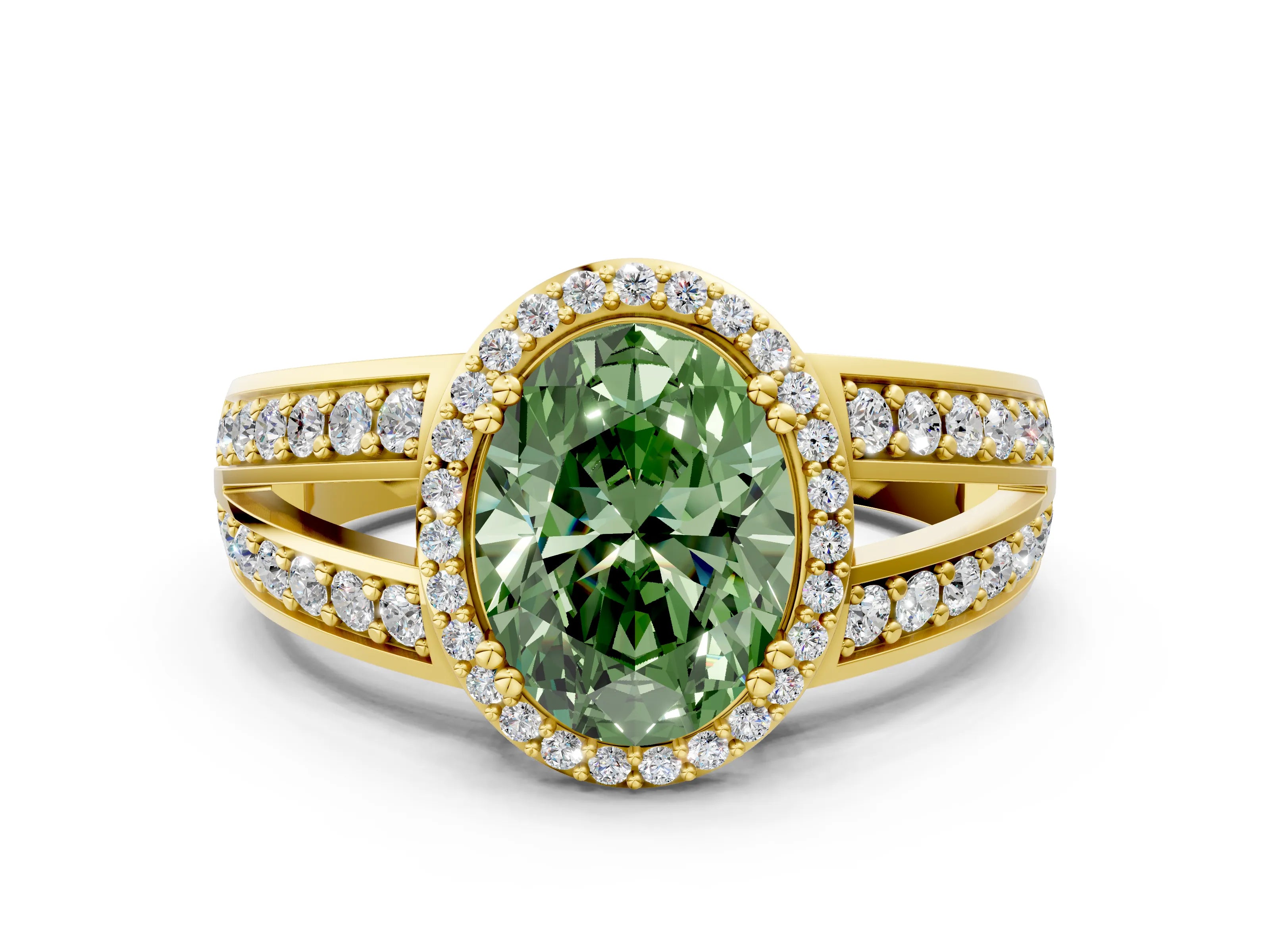 Yellow gold Fancy Green Oval Cut Diamond Halo Ring with Split Shank Pavé Band and Four-Prong Setting