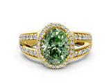 Yellow gold Fancy Green Oval Cut Diamond Halo Ring with Split Shank Pavé Band and Four-Prong Setting