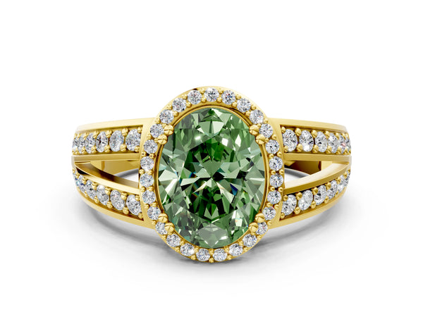 Yellow gold Fancy Green Oval Cut Diamond Halo Ring with Split Shank Pavé Band and Four-Prong Setting