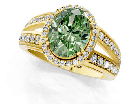 Yellow gold Fancy Green Oval Cut Diamond Halo Ring with Split Shank Pavé Band and Four-Prong Setting_1