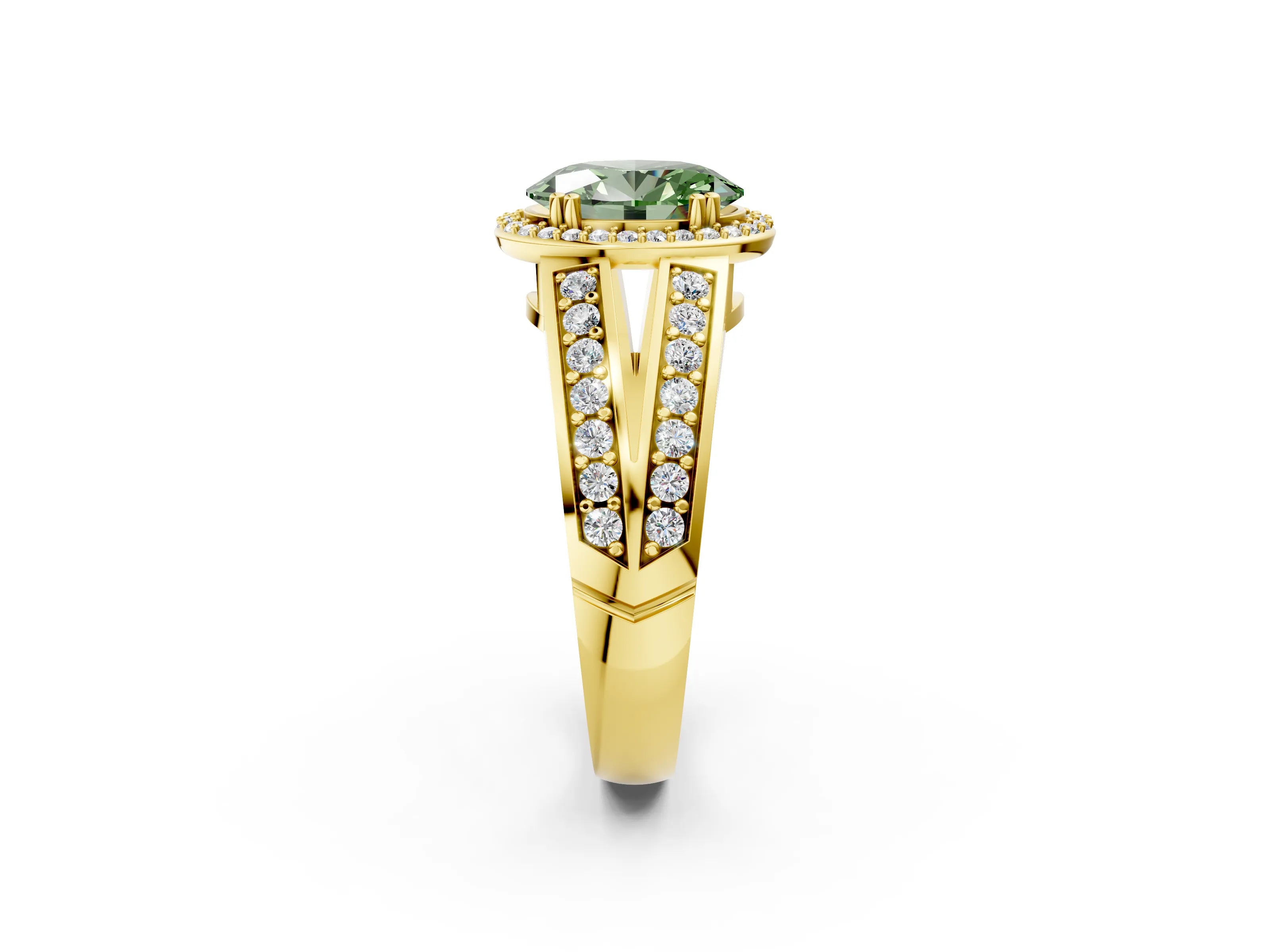 Yellow gold Fancy Green Oval Cut Diamond Halo Ring with Split Shank Pavé Band and Four-Prong Setting_2