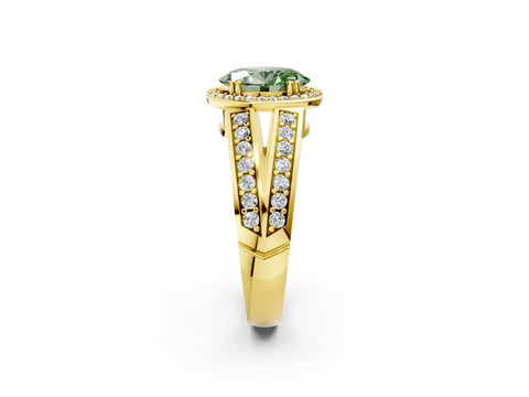 Yellow gold Fancy Green Oval Cut Diamond Halo Ring with Split Shank Pavé Band and Four-Prong Setting_2