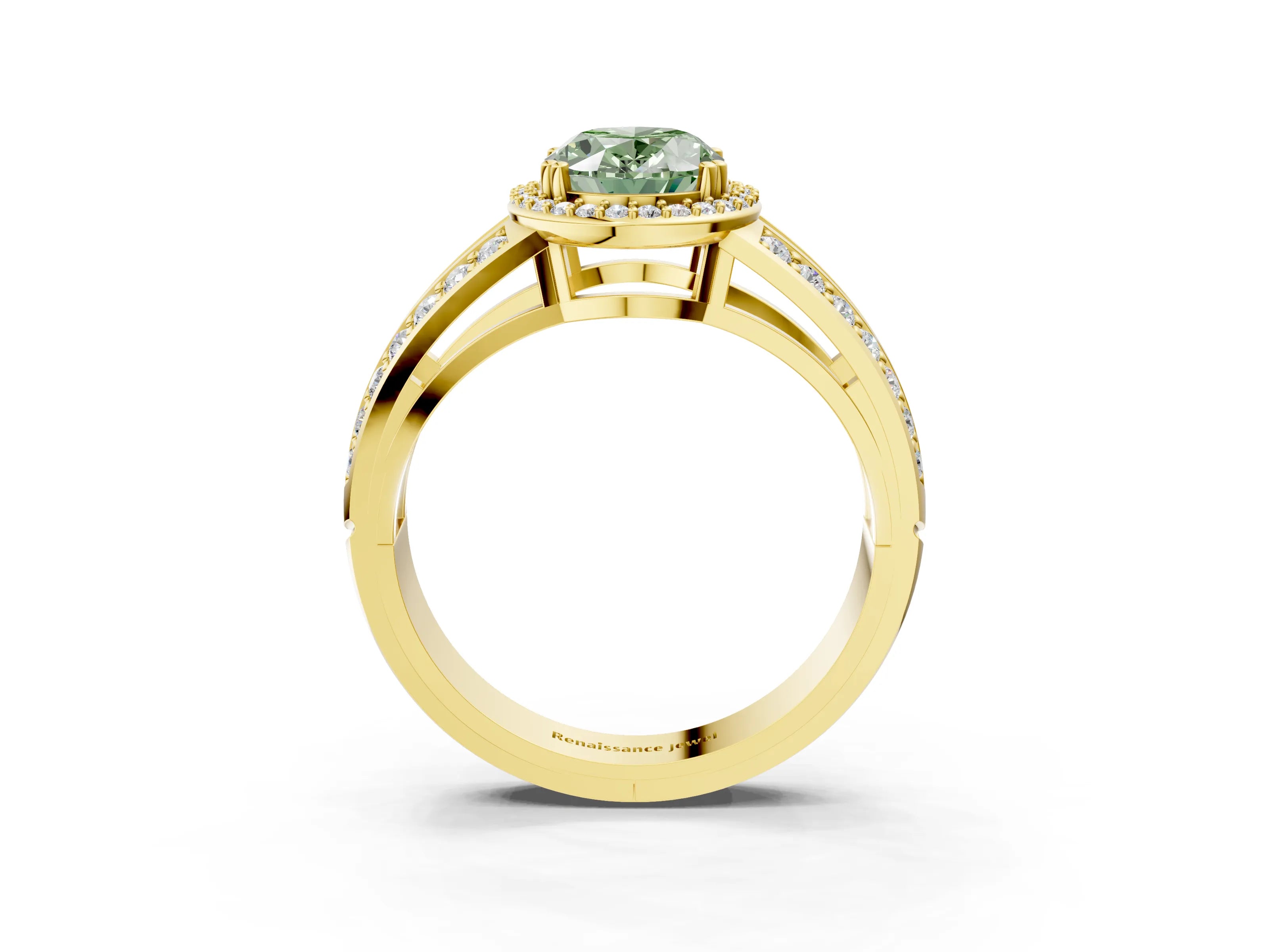 Yellow gold Fancy Green Oval Cut Diamond Halo Ring with Split Shank Pavé Band and Four-Prong Setting_3