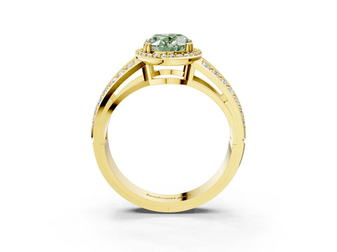 Yellow gold Fancy Green Oval Cut Diamond Halo Ring with Split Shank Pavé Band and Four-Prong Setting_3