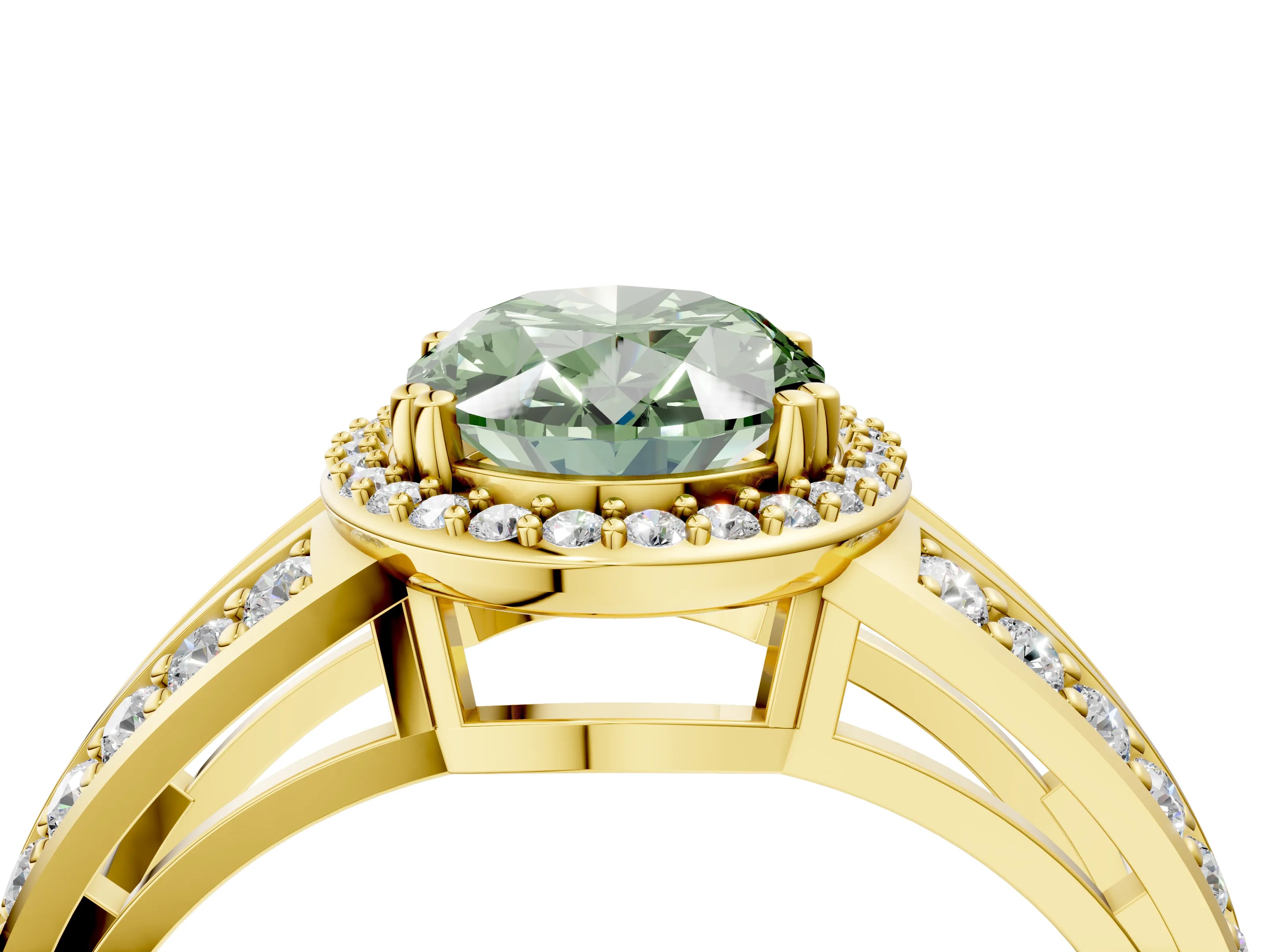Yellow gold Fancy Green Oval Cut Diamond Halo Ring with Split Shank Pavé Band and Four-Prong Setting_4
