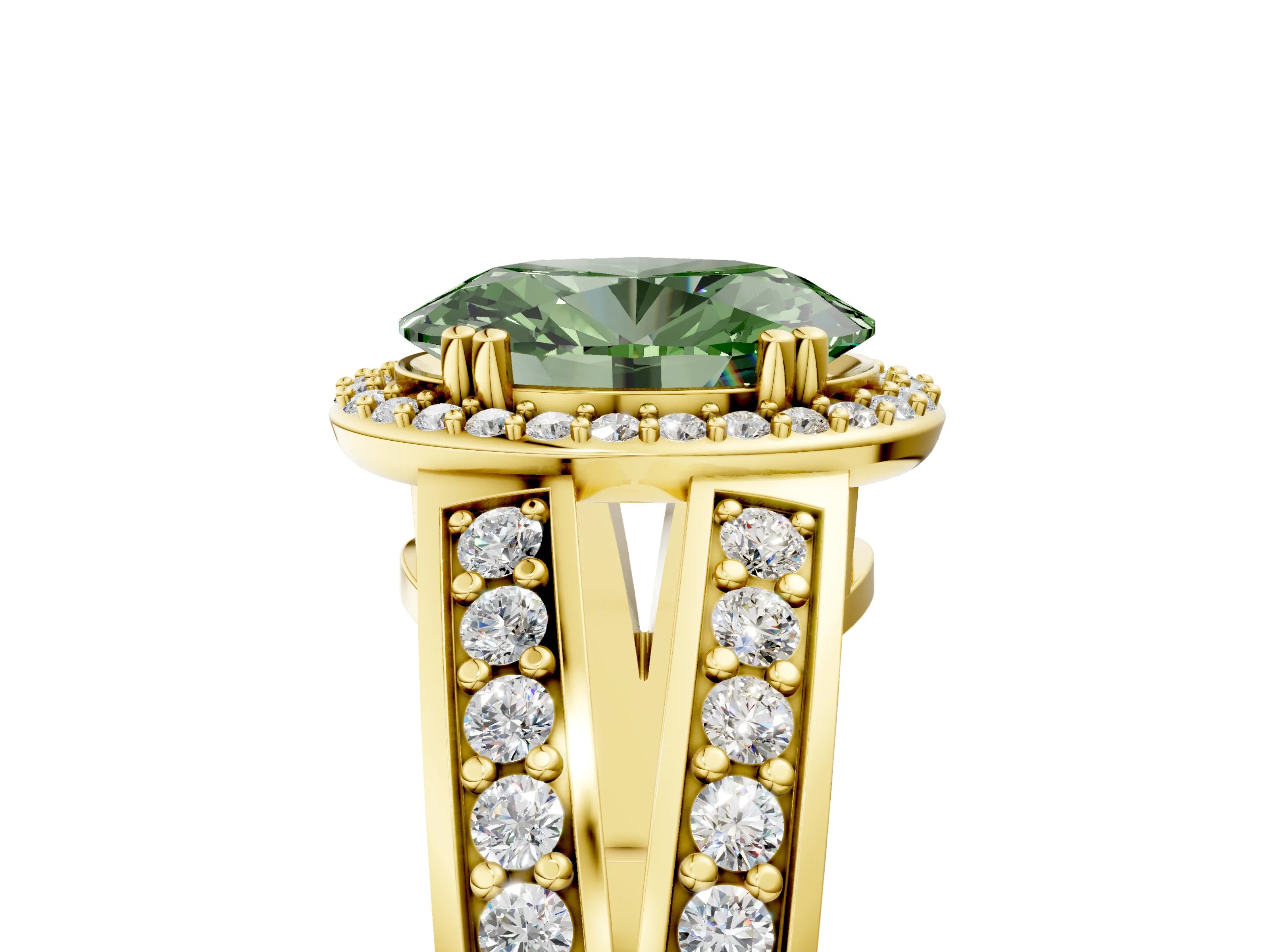 Yellow gold Fancy Green Oval Cut Diamond Halo Ring with Split Shank Pavé Band and Four-Prong Setting_5