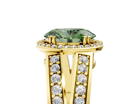 Yellow gold Fancy Green Oval Cut Diamond Halo Ring with Split Shank Pavé Band and Four-Prong Setting_5