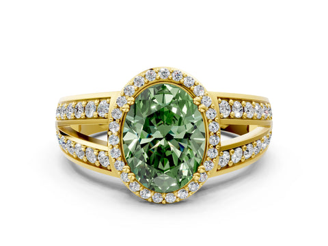 Yellow gold Fancy Green Oval Cut Diamond Halo Ring with Split Shank Pavé Band and Four-Prong Setting