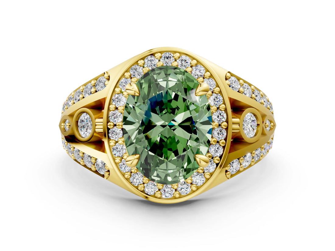 Yellow gold Fancy Green Oval Cut Diamond Halo Ring with Split Shank and Bezel Accents and Four-Prong Setting
