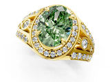 Yellow gold Fancy Green Oval Cut Diamond Halo Ring with Split Shank and Bezel Accents and Four-Prong Setting_1