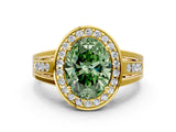 Yellow gold Fancy Green Oval Cut Diamond Halo Ring with Split Shank and Bezel Accents and Prong Setting