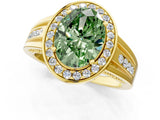 Yellow gold Fancy Green Oval Cut Diamond Halo Ring with Split Shank and Bezel Accents and Prong Setting_1