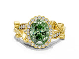Yellow gold Fancy Green Oval Cut Diamond Halo Ring with Vintage Split Shank and Four-Prong Setting_37