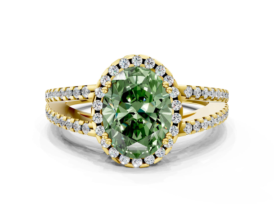 Yellow gold Fancy Green Oval Cut Diamond Halo Split Shank Engagement Ring_58