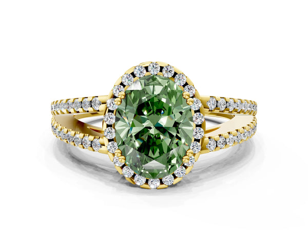 Yellow gold Fancy Green Oval Cut Diamond Halo Split Shank Engagement Ring
