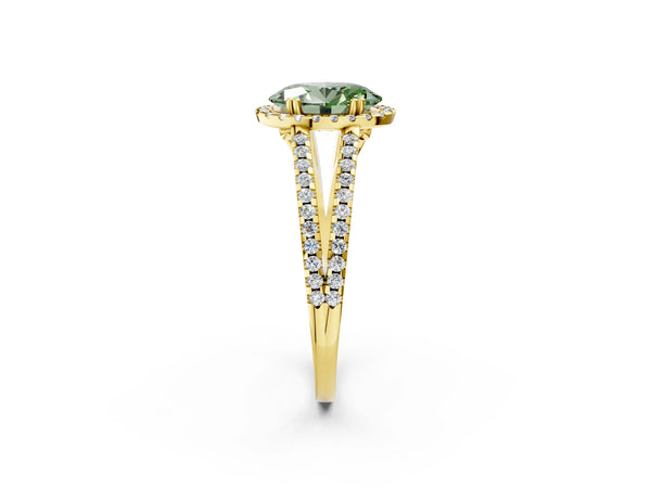 Yellow gold Fancy Green Oval Cut Diamond Halo Split Shank Engagement Ring