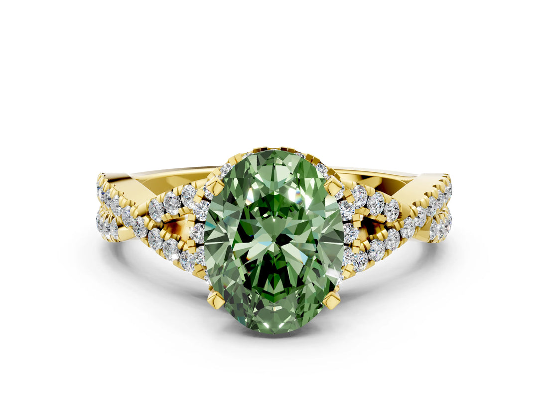 Yellow gold Fancy Green Oval Cut Diamond  Halo Twist Band Solitaire Prong Setting Ring_54