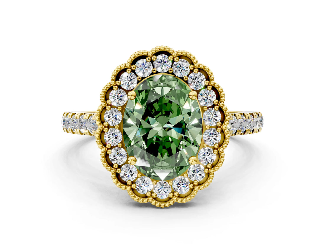 Yellow gold Fancy Green Oval  Cut Diamond Milgrain Floral Halo Engagement Ring with Pavé Band_15