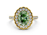 Yellow gold Fancy Green Oval  Cut Diamond Milgrain Floral Halo Engagement Ring with Pavé Band_15