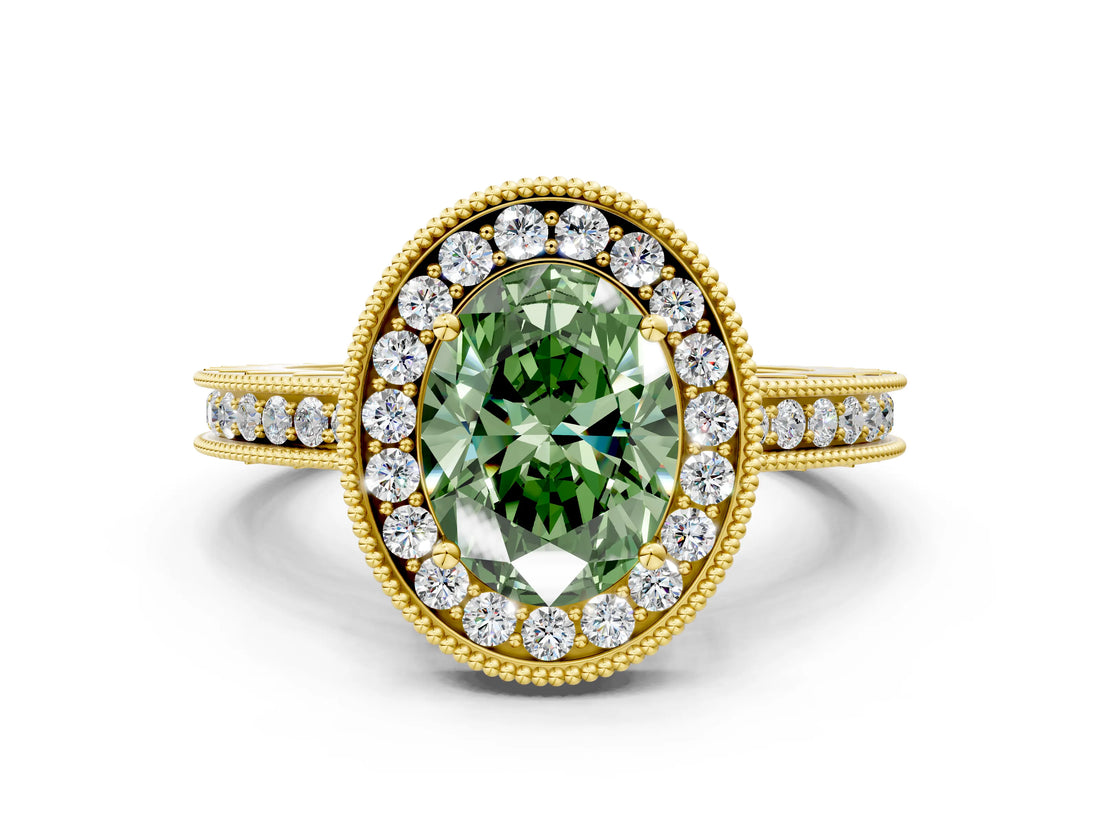 Yellow gold Fancy Green Oval Cut Diamond Milgrain Halo Engagement Ring with Round Pavé Band and Prong Setting_12