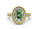 Yellow gold Fancy Green Oval Cut Diamond Milgrain Halo Engagement Ring with Round Pavé Band and Prong Setting_12