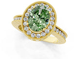 Yellow gold Fancy Green Oval Cut Diamond Milgrain Halo Engagement Ring with Round Pavé Band and Prong Setting_13