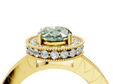 Yellow gold Fancy Green Oval Cut Diamond Milgrain Halo Engagement Ring with Round Pavé Band and Prong Setting_16