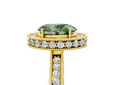 Yellow gold Fancy Green Oval Cut Diamond Milgrain Halo Engagement Ring with Round Pavé Band and Prong Setting_17
