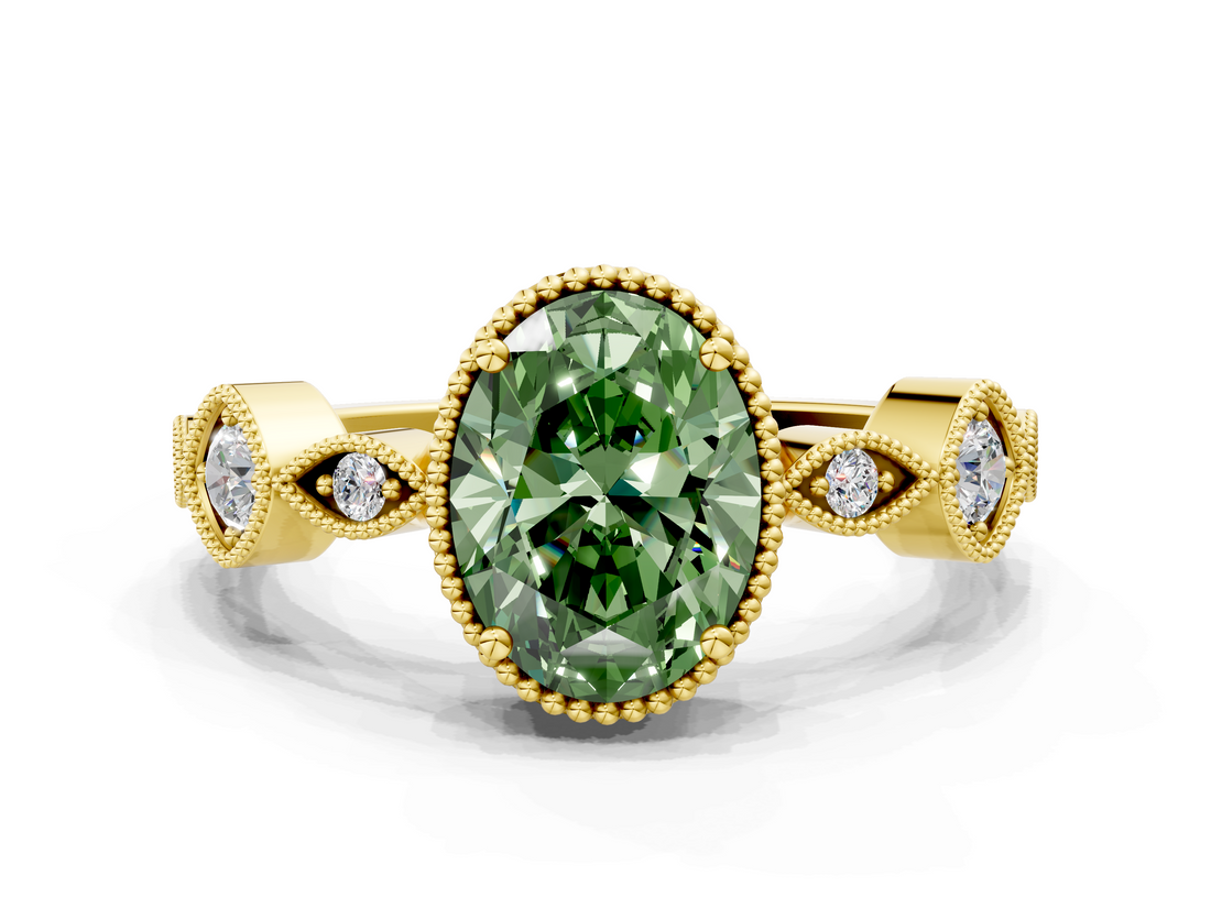 Yellow gold Fancy Green Oval  Cut Diamond Milgrain Marquise Band with Prong Setting_3