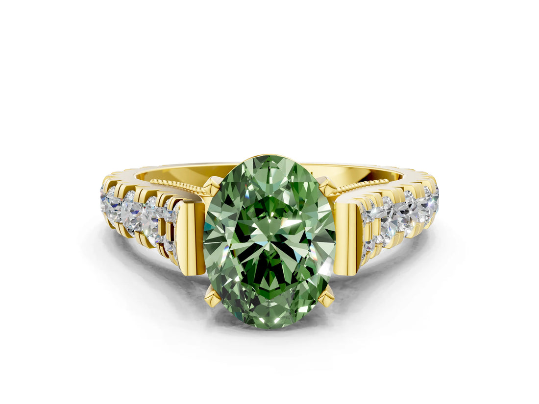 Yellow gold Fancy Green Oval  Cut Diamond Pavé Band Solitaire with Four-Prong Setting_15