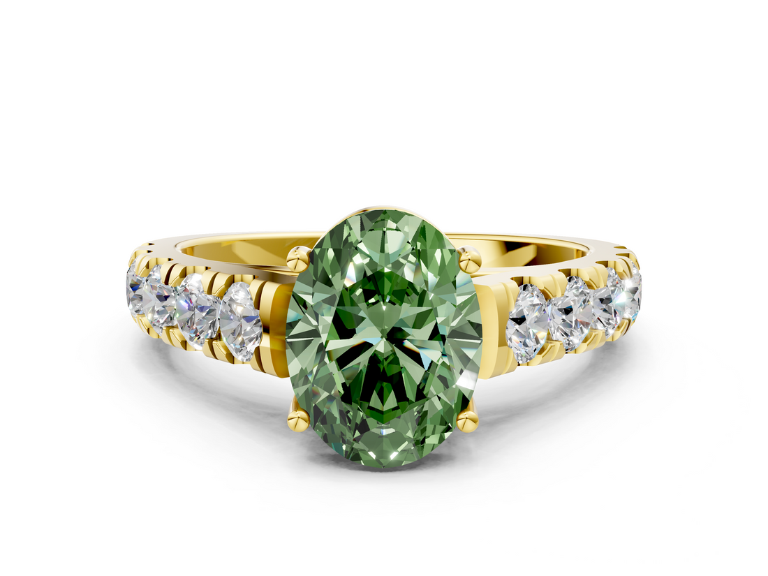 Yellow gold Fancy Green Oval  Cut Diamond Pavé Band Solitaire with Four-Prong Setting_3