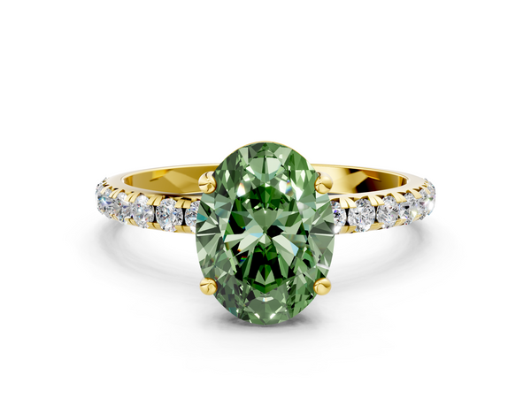 Yellow gold Fancy Green Oval  Cut Diamond Solitaire Ring with Micro Pave Band and Four Prong Setting