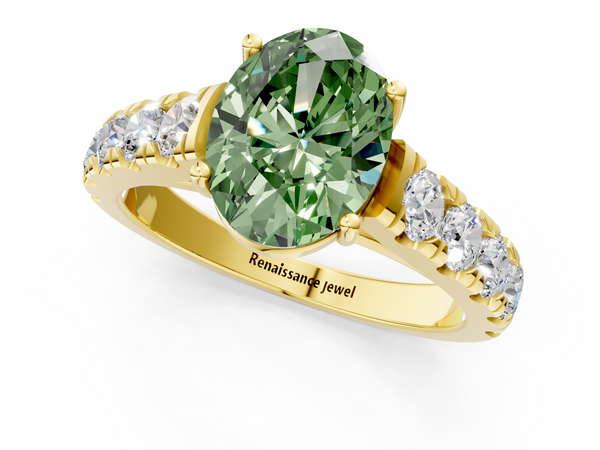 Yellow gold Fancy Green Oval  Cut Diamond Solitaire Ring with Micro Pave Band and Prong Setting
