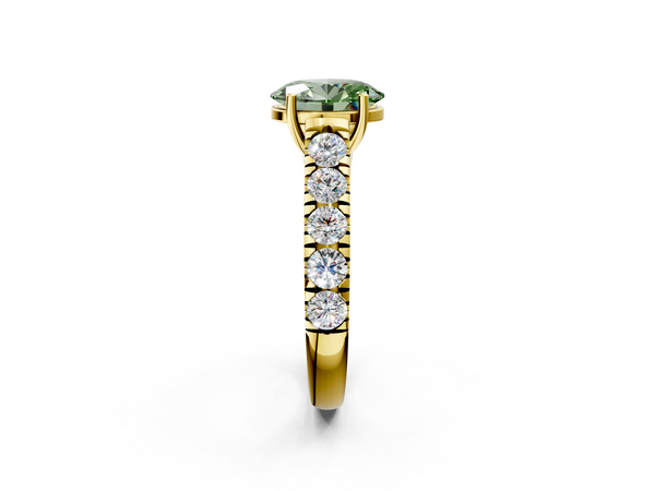 Yellow gold Fancy Green Oval  Cut Diamond Solitaire Ring with Micro Pave Band and Prong Setting