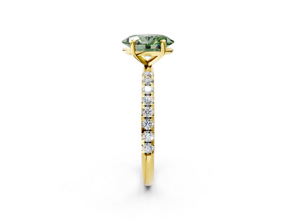 Yellow gold Fancy Green Oval  Cut Diamond Solitaire Ring with Micro Pave Band and Four Prong Setting