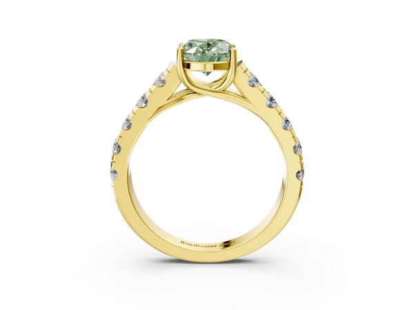 Yellow gold Fancy Green Oval  Cut Diamond Solitaire Ring with Micro Pave Band and Prong Setting