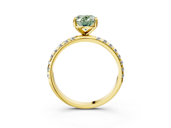 Yellow gold Fancy Green Oval  Cut Diamond Solitaire Ring with Micro Pave Band and Four Prong Setting