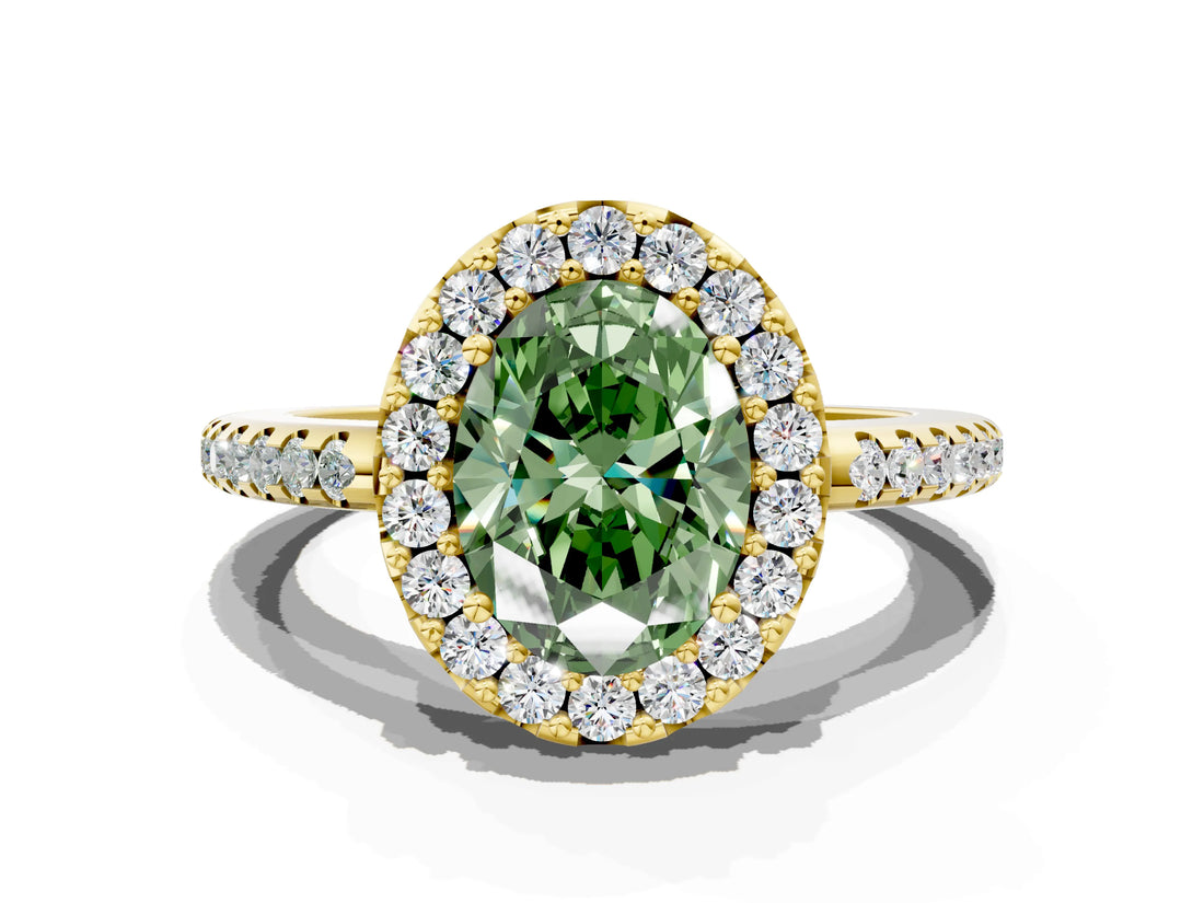 Yellow gold Fancy Green Oval Cut Diamond Pavé Halo Ring with Four-Prong Setting_36