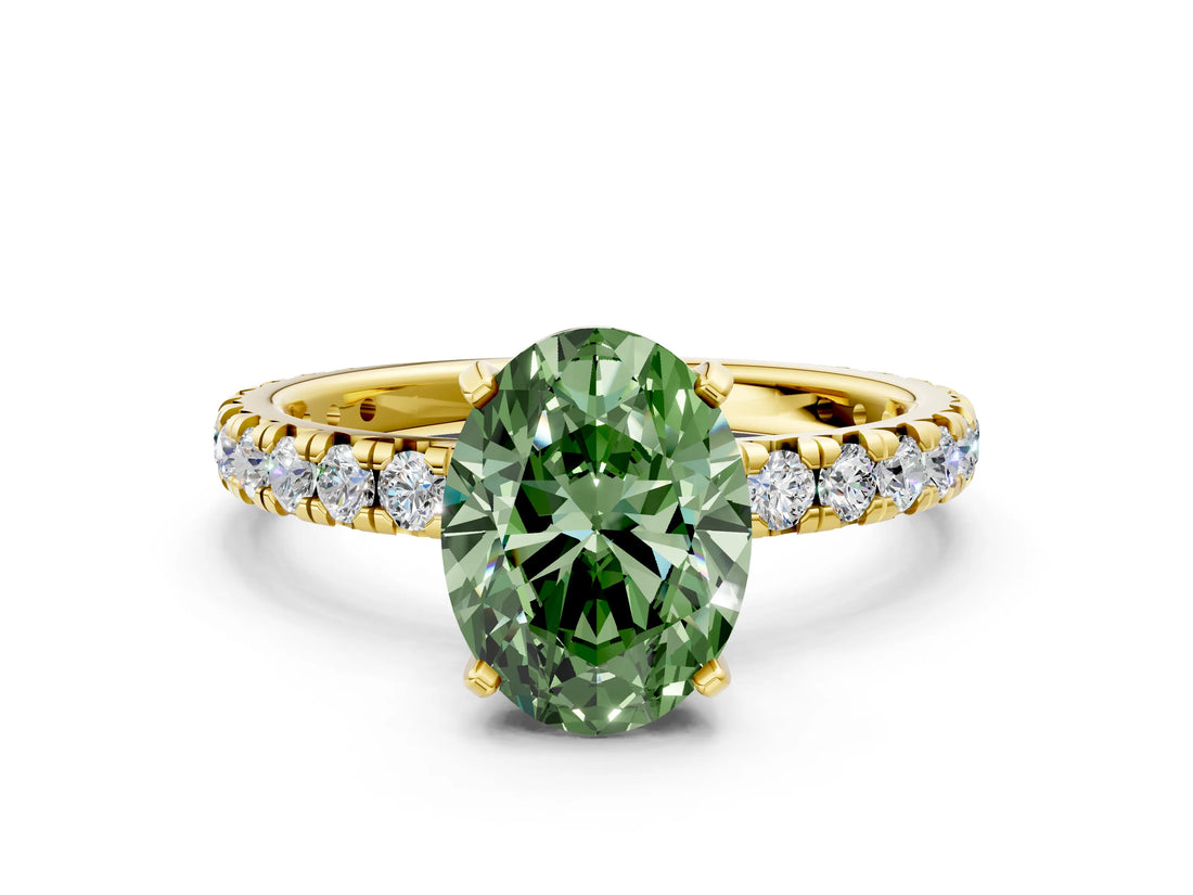 Yellow gold Fancy Green Oval Cut Diamond Pavé Solitaire Ring with Round Band and Prong Setting_12