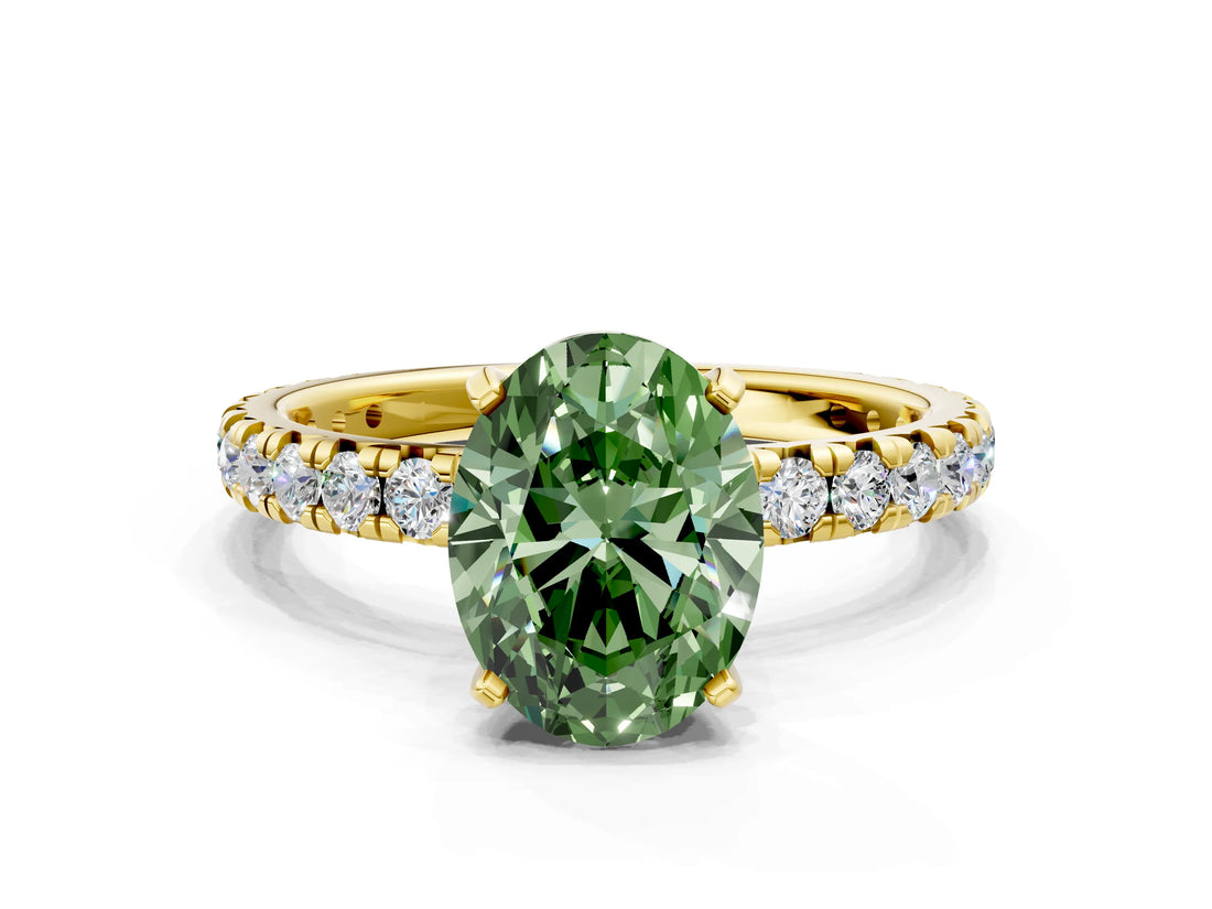 Yellow gold Fancy Green Oval Cut Diamond Pavé Solitaire Ring with Round Band and Prong Setting_24