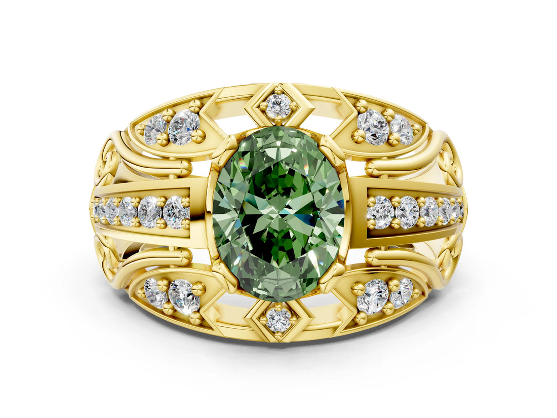 Yellow gold Fancy Green Oval Cut Diamond Pave Art Deco Split Shank Ring with Four-Prong Setting