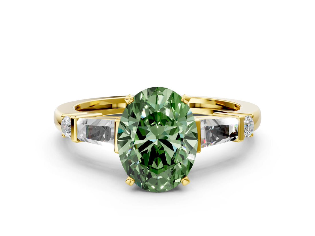 Yellow gold Fancy Green Oval  Cut Diamond Ring with Baguette Side Stones, Channel Set Band, and Four-Prong Setting_24