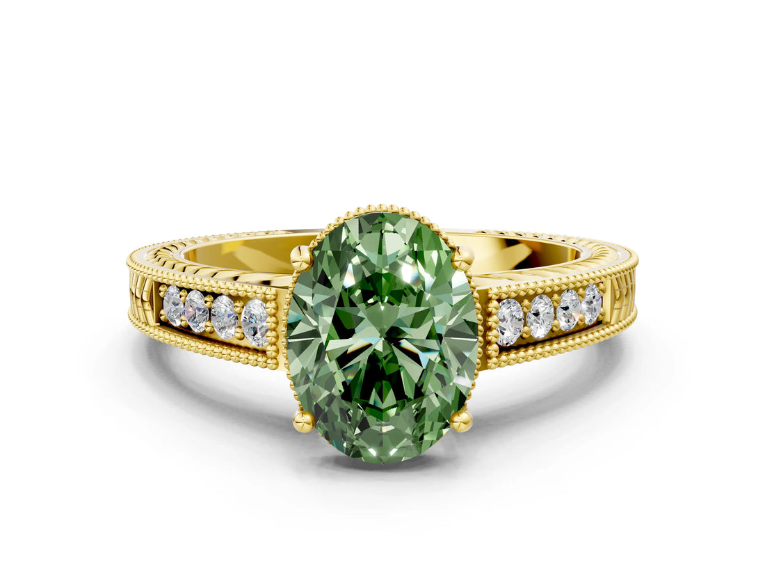 Yellow gold Fancy Green Oval Cut Diamond Ring with Milgrain Pavé Band and Four-Prong Setting_25