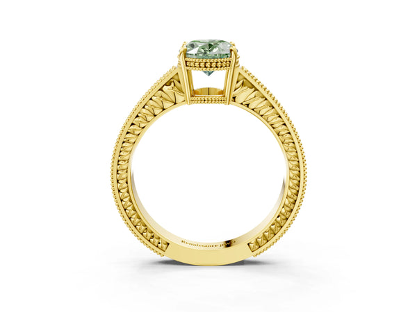 Yellow gold Fancy Green Oval Cut Diamond Ring with Milgrain Pavé Band and Four-Prong Setting
