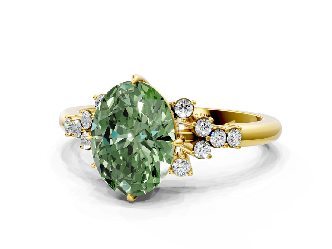 Yellow gold Fancy Green Oval Cut Diamond Ring with Side Stones and Four-Prong Setting_191